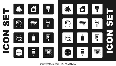 Set Paint brush, spray gun, bucket, roller, Painting the house, Spray can nozzle cap and RGB icon. Vector