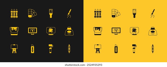Set Paint brush, Stationery knife, spray, roller, Computer with design program, Wax crayons for drawing and Color palette guide icon. Vector