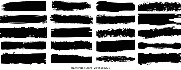 Conjunto de pincelada de pintura. Colección de pincel negro, audaz, sucio, de textura, pincel de salpicadura de tinta. Conjunto de cuadro de texto grunge.