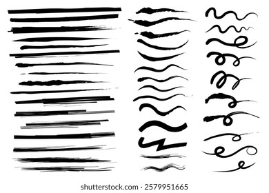 Set of paint brush stroke, grungy decoration elements. Creative elements for design. Vector illustration isolated on white background. EPS10
