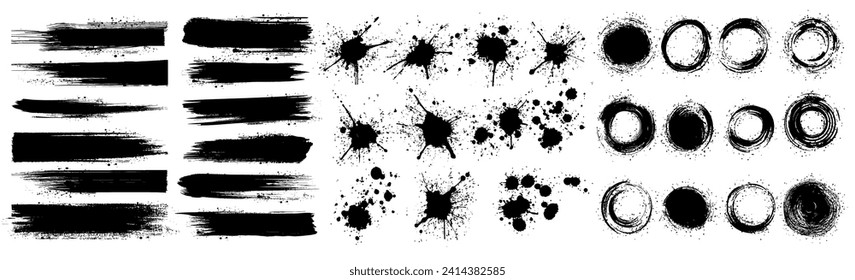 Conjunto de trazo del pincel de pintura, bandeja de tinta y elementos de diseño artístico. Pulgadas de tinta. Lágrimas y manchas. La alta calidad se rastreó manualmente. Las gotas aisladas. Caídas de tinta y salpicar elemento aislado