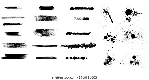 Conjunto de trazo del pincel de pintura, bandeja de tinta y elementos de diseño artístico. Pulgadas de tinta. Lágrimas y manchas. La alta calidad se rastreó manualmente. Las gotas aisladas. Conjunto de elementos aislados del vector. moderno