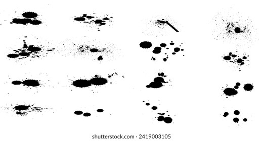 Set of paint brush stroke, ink splatter and artistic design elements. Ink splashes. Rough smears and stains. High quality manually traced. Drops blots isolated. Vector isolated elements set dots arts