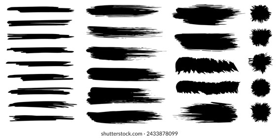Set of paint brush stroke, ink splatter and artistic design elements. Ink splashes. Rough smears and stains. Vector isolated elements set.