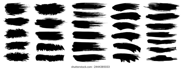 Set of paint brush stroke, ink splatter and artistic design elements. Ink splashes. Rough smears and stains. Vector isolated elements set.