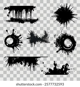 Set of paint brush stroke, ink splatter and artistic design elements. Ink splashes. Rough smears and stains. Drops blots isolated. Vector isolated elements set.
