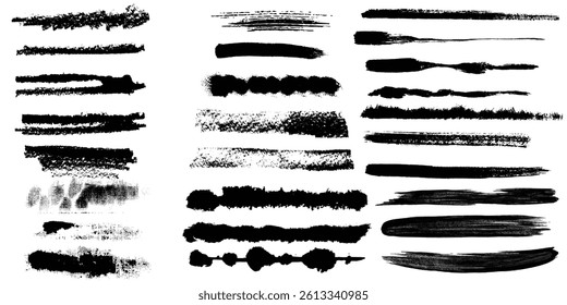 Set of paint brush stroke, ink splatter and artistic design elements. Ink splashes. Rough smears and stains. High quality manually traced. Drops blots isolated. EPS 10