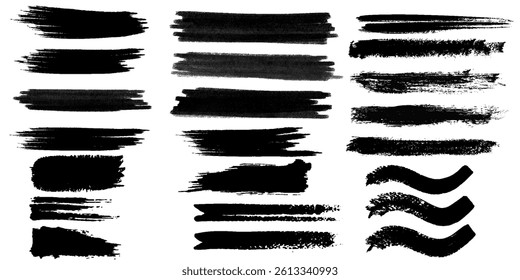 Set of paint brush stroke, ink splatter and artistic design elements. Ink splashes. Rough smears and stains. High quality manually traced. Drops blots isolated. EPS 10