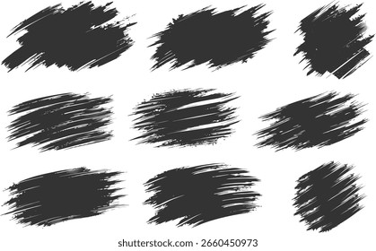Conjunto de coleção de traçados de pincel de tinta isolados no plano de fundo branco. Manchas de tinta, linhas pintadas sujas, elementos de design artístico: ondas, círculos, triângulos. Conjunto de pincel vetorial