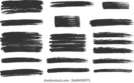 Set of paint brush strokes collection isolated on white background. Ink splatters, grungy painted lines, artistic design elements: waves, circles, triangles. Vector paintbrush set