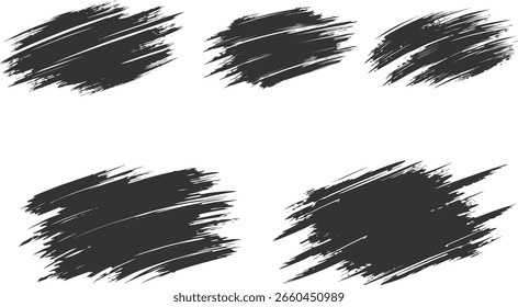 Set of paint brush strokes collection isolated on white background. Ink splatters, grungy painted lines, artistic design elements: waves, circles, triangles. Vector paintbrush set