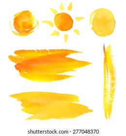 Set of paint brush strokes and splotches. Yellow watercolor backgrounds and sun.