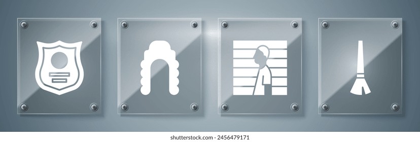 Set Paint brush, Suspect criminal, Judge wig and Police badge. Square glass panels. Vector