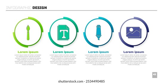 Establecer pincel de pintura, documento de archivo de texto, lápiz marcador y paisaje de imagen. Plantilla de infografía de negocios. Vector