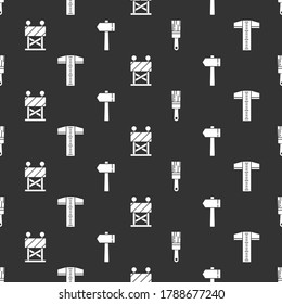 Set Paint brush, T-square line, Road barrier and Hammer on seamless pattern. Vector