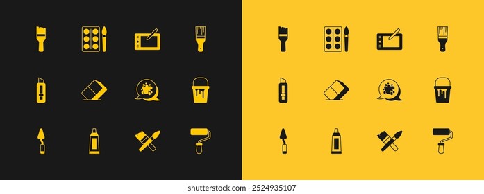 Definir pincel de tinta, Tubo com paleta de tinta, spray, Borracha ou Borracha, Tablet gráfico e Watercolor pinta ícone da caixa. Vetor
