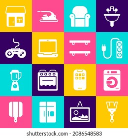 Ajuste pincel de pintura, lavadora, extensión eléctrica, sillón, portátil, Gamepad, casa y estantes de madera vacíos icono. Vector