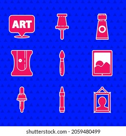 Set Paint brush, Wax crayons for drawing, Picture, Graphic tablet, Pipette, Pencil sharpener, Tube with paint palette and Speech bubble text art icon. Vector