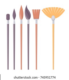 Set of paint brushes of different shapes isolated on white. Visual art paintbrush made by clamping the bristles to handle with ferrule, vector illustration