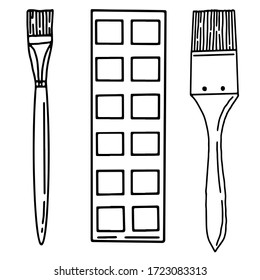 Set of paint and brushes on an isolated white background. Black hand draw outline. Back to school, office. Vector illustration.