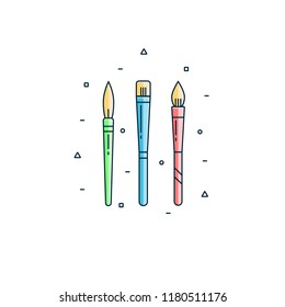 Set of paint brushes in outline design. Round, flat art brush in thin linear style. School supply, item, object, pictogram.
