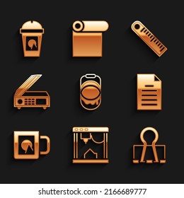 Paint-Eimer, 3D-Drucker, Binder-Clip, File-Dokument, Kaffee-Tasse, Scanner, Lineal und zu gehen Icon. Vektorgrafik