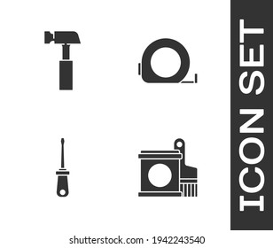 Set Paint bucket and brush, Hammer, Screwdriver and Roulette construction icon. Vector
