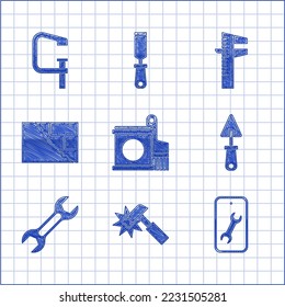 Set Paint bucket and brush, Hammer, Mobile service, Trowel, Wrench spanner, Bricks, Calliper or caliper scale and Clamp screw tool icon. Vector