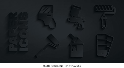 Set Paint bucket with brush, roller, Color palette guide, spray gun and Car painting icon. Vector