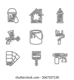 Ajuste Cubo de pintura, cepillo, pistola de spray, rodillo, guía de paleta de color, lata e icono. Vector