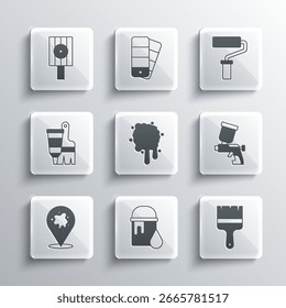 Set Paint bucket, brush, spray gun, Tube with paint and, Spray can nozzle cap and roller icon. Vector