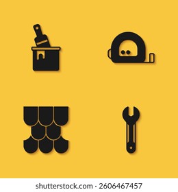 Set Paint bucket with brush, Wrench spanner, Roof tile and Roulette construction icon with long shadow. Vector
