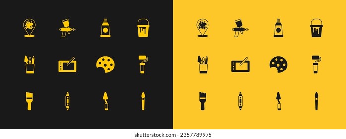 Ajuste cubeta de pintura, bolígrafo de marcador, paleta, cuchillo, tableta gráfica, tubo con paleta de pintura, spray e icono de pistola. Vector