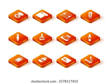 Set Paint bucket, Printer ink bottle, Pencil with eraser, brush, Business card, Ink, Paper cutter and Pipette icon. Vector