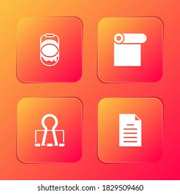 Set Paint bucket, Roll of paper, Binder clip and File document icon. Vector.