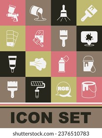 Establece cuchara de pintura, pulverización, pincel, pintura de coches, guía de paleta de colores, pistola e icono. Vector