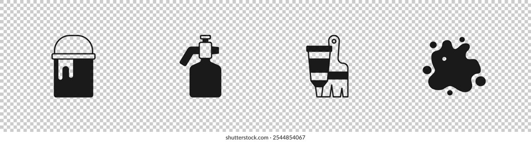 Set Cubo de pintura, pistola de pulverización, tubo con pintura y pincel e icono. Vector