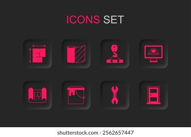 Set Paint bucket, Wallpaper, House plan, Wrench spanner, Worker safety helmet, Closed door, Crane hook and  icon. Vector