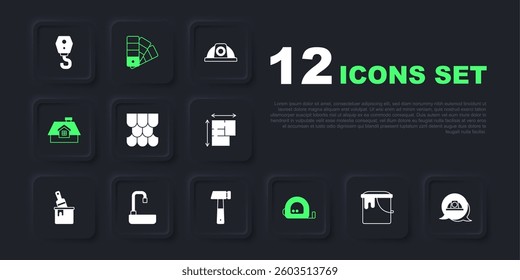 Set Paint bucket, Worker safety helmet, Roof tile, Roulette construction, House, Washbasin, Color palette guide and Hammer icon. Vector