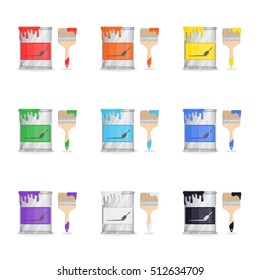 Set of paint buckets. Seven main colors drips on brushes and cans.