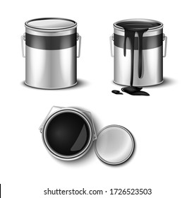 set of paint can black color top and side view. packaging mockup template 