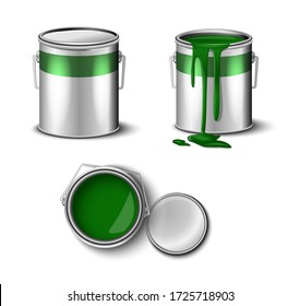 set of paint can green color  top and side view. packaging mockup template 