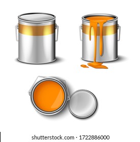 set of paint can orange color  top and side view. packaging mockup template 