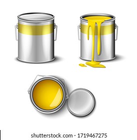 set of paint can yellow color  top and side view. packaging mockup template 