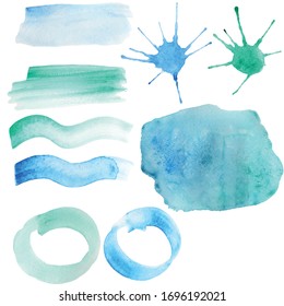 Set of paint drops, splash, spots, blots, watercolor effect. Maritime blue green color. Traced, vector eps 10