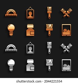 Set Paint, gouache, jar, dye, Crossed paint brush, Graphic tablet, Light bulb, Protractor and Picture icon. Vector