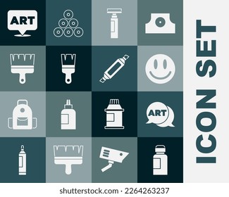 Establece Paint, gouache, jar, tinte, burbuja de voz con arte de texto, cara de sonrisa, lápiz de marcadores, pincel e icono. Vector