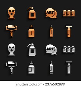 Set Paint, gouache, jar, tinte, spray can, Marker pen, roller pincel, Speech bubble with text art, Balaclava e icono de pistola. Vector