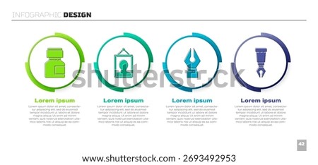 Set Paint, gouache, jar, dye, Picture, Fountain pen nib and Fountain pen nib. Business infographic template. Vector
