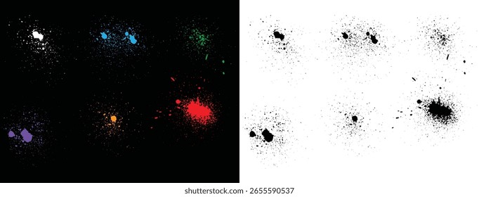 Set of paint ink black mud grunge texture illustration. Dirty artistic black spatter vector background design set. Black, red, orange, green, yellow, blue, purple, pink, and wheat grunge texture